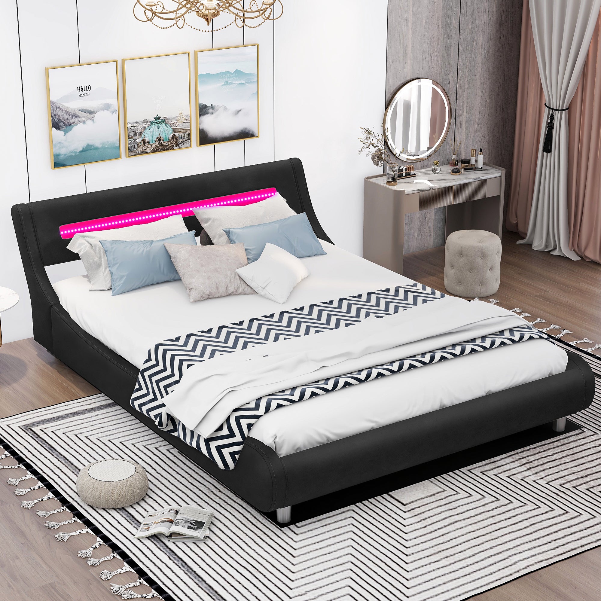Queen Size Low Profile Upholstered Platform Bed with LED headboard,Black - Atlantic Fine Furniture Inc