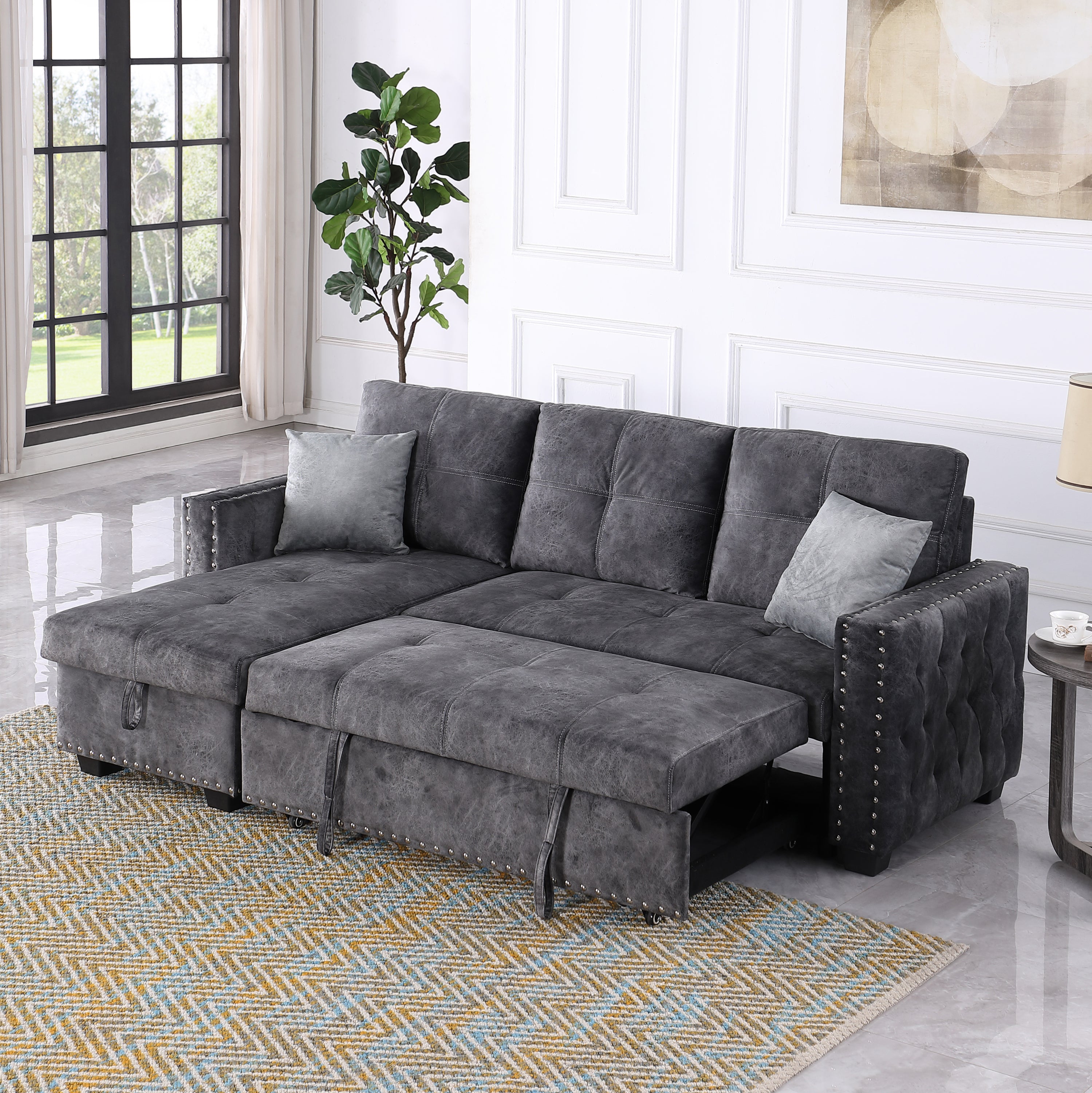 Reversible Sleeper Sectional Storage Sofa Bed,Corner Sofa-Bed With Storage,3 Seat Both Left Handed And Right Handed, Nailheaded - Atlantic Fine Furniture Inc