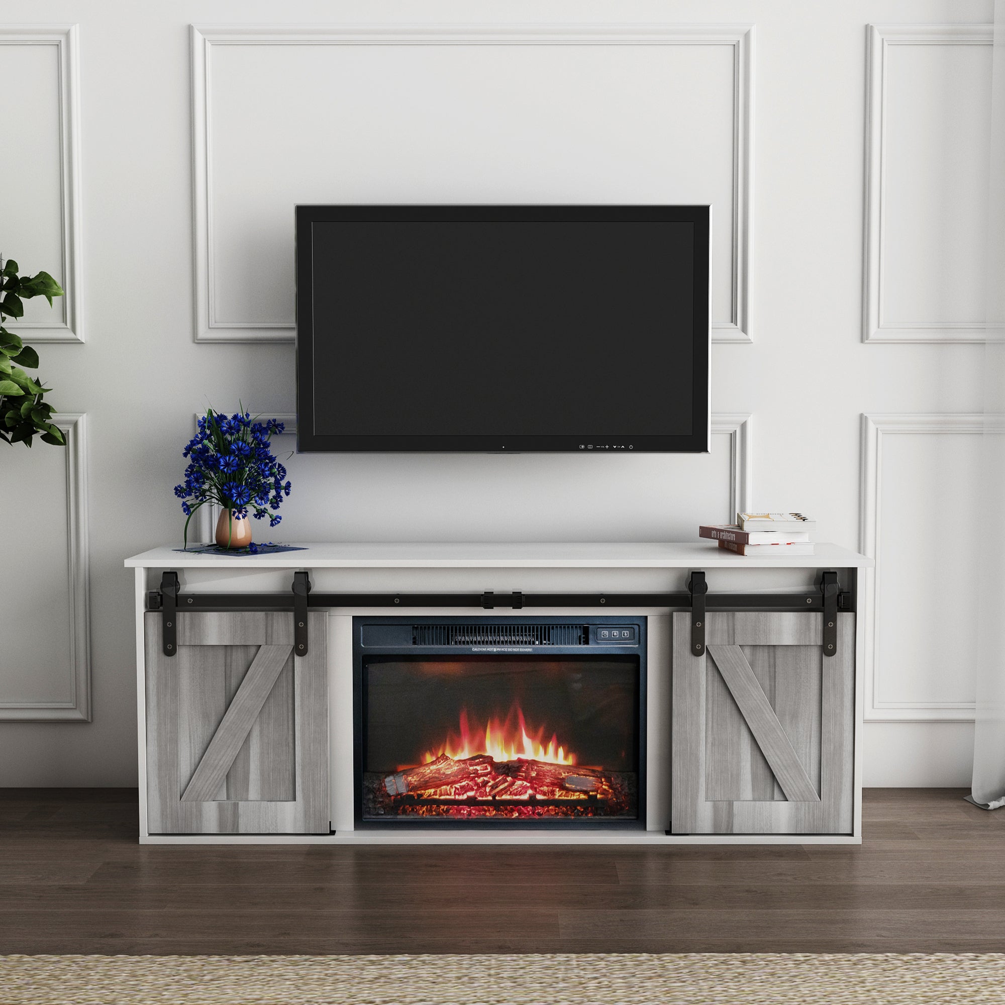 The television cabinet with an electronic fireplace,with Farmhouse Sliding Barn Door ,for TV up to +65 Inch Flat Screen Media Console Table Storage Cabinet Wood Entertainment Center Sturdy - Atlantic Fine Furniture Inc