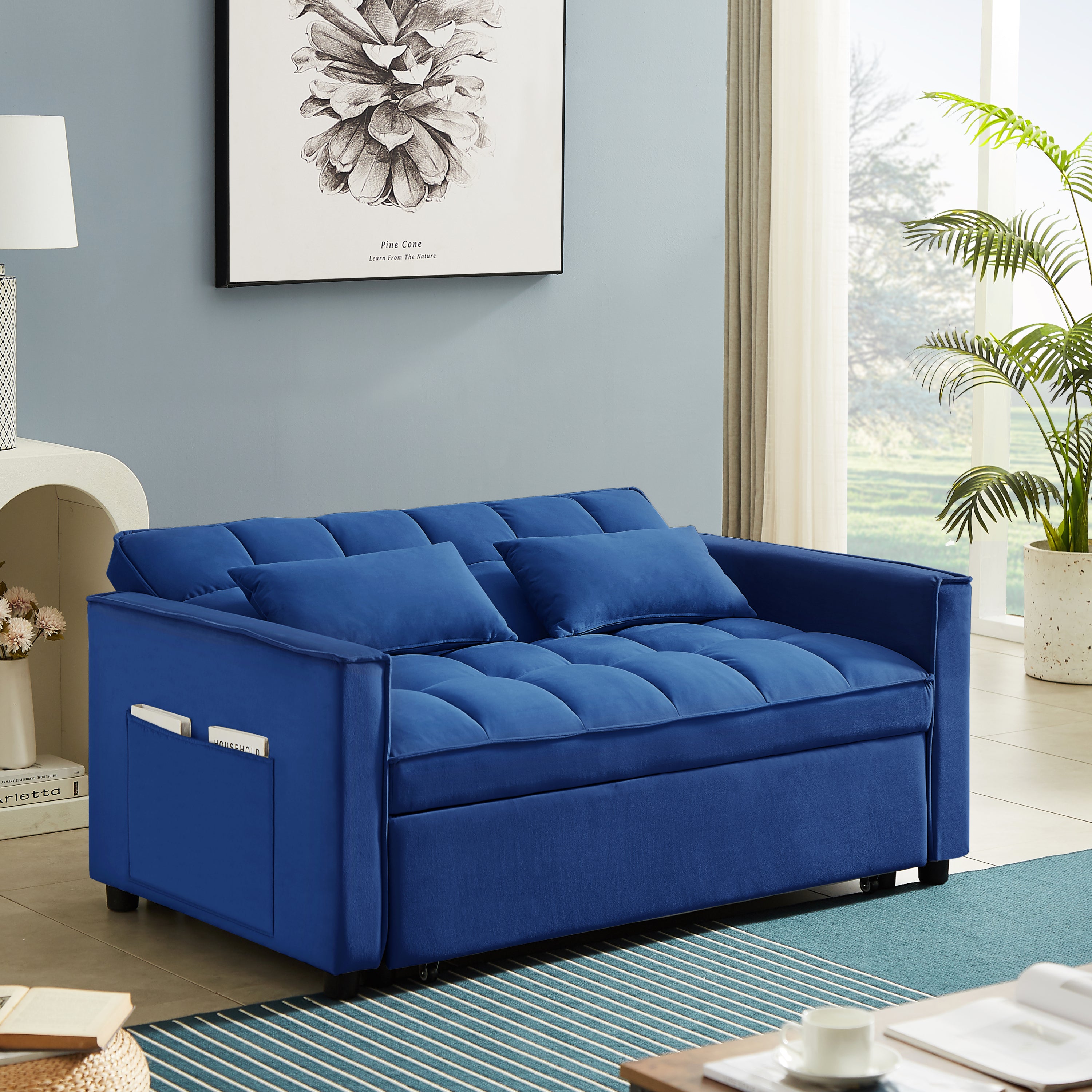 Modern Velvet Convertible Loveseat Sleeper Sofa Couch with Adjustable Backrest, 2 Seater Sofa With Pull-Out Bed with 2 Lumbar Pillows For Small Living Room & Apartment - Atlantic Fine Furniture Inc