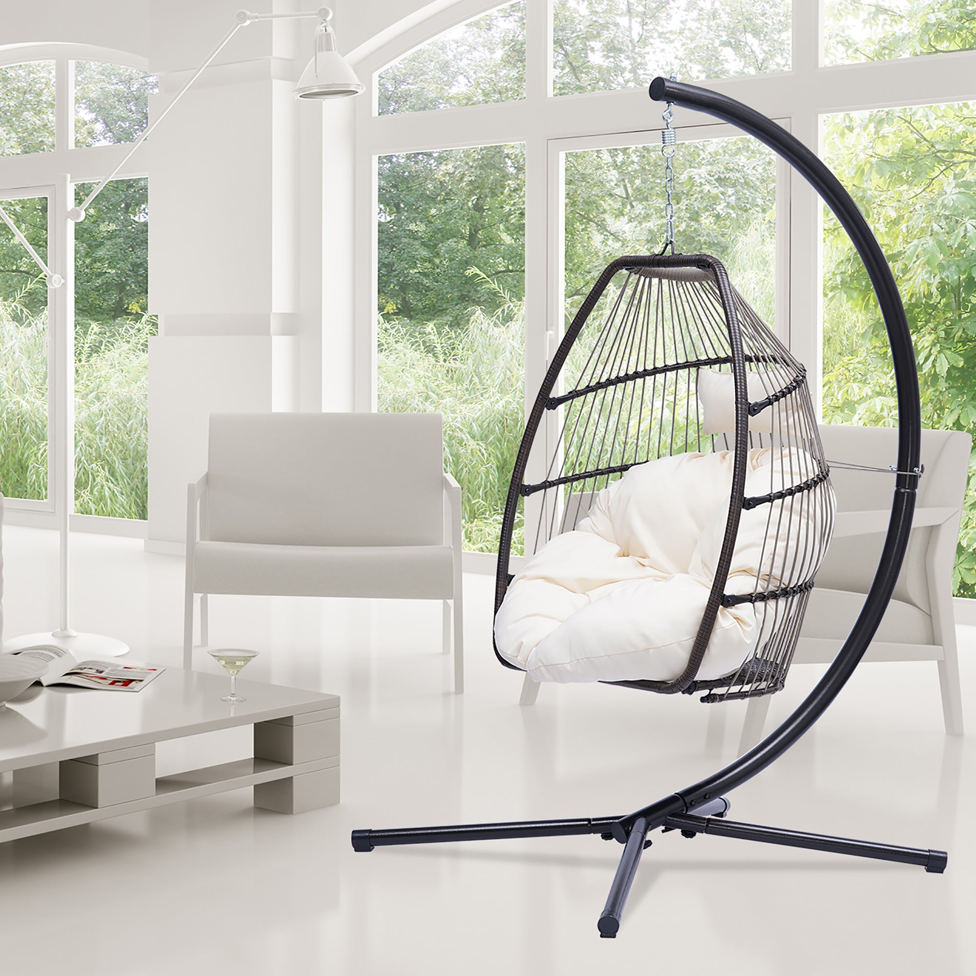 Outdoor Patio Wicker Folding Hanging Chair,Rattan Swing Hammock Egg Chair With C Type Bracket , With Cushion And Pillow - Atlantic Fine Furniture Inc
