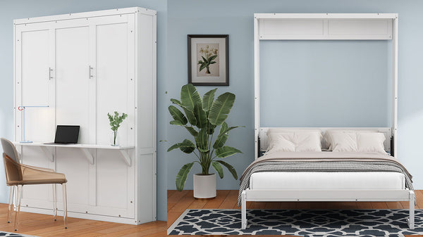 Queen Size Murphy Bed With 2 Side Cabinet Storage Shelves, Cabinet Bed Folding Wall Bed With Desk Combo Perfect For Guest Room, Study, Office, White