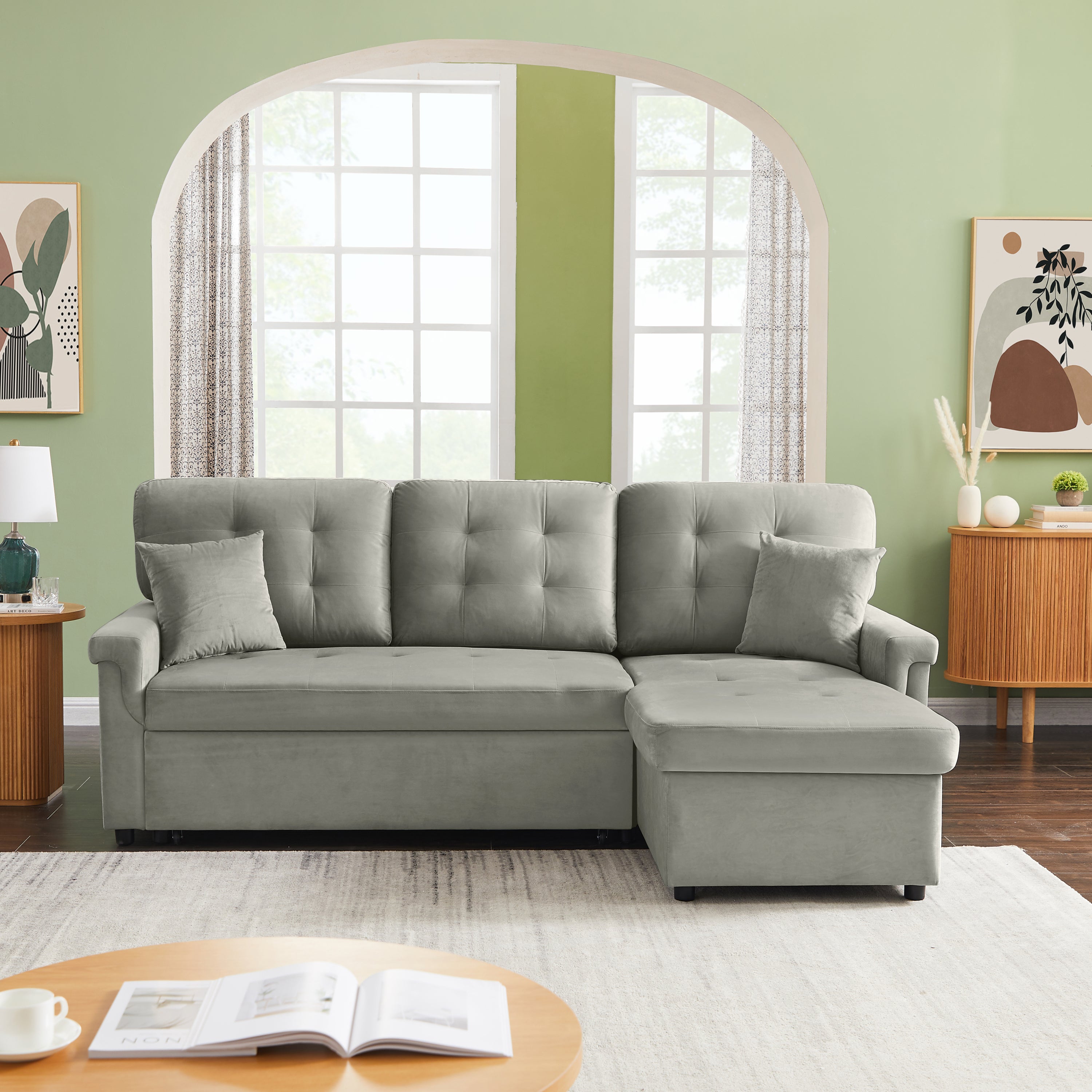 Velvet Reversible Sectional Sofa with Pull Out sleeper, L-Shaped Couch Chaise with Storage For Living Room & Apartment - Atlantic Fine Furniture Inc