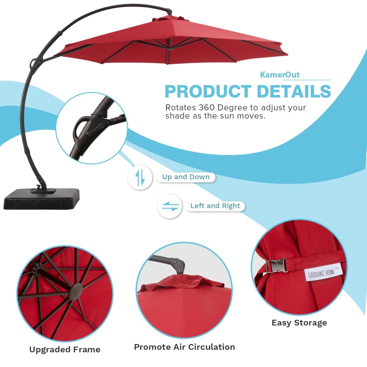 LAUSAINT HOME 10FT Deluxe Patio Umbrella with Base,Outdoor Large Hanging Cantilever Curvy Umbrella with 360° Rotation for Pool,Garden,Deck, Lawn(10FT-RED) - Atlantic Fine Furniture Inc