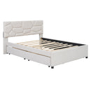 Full Size Upholstered Platform Bed with Brick Pattern Headboard, with Twin Size Trundle and 2 Drawers, Linen Fabric, Beige