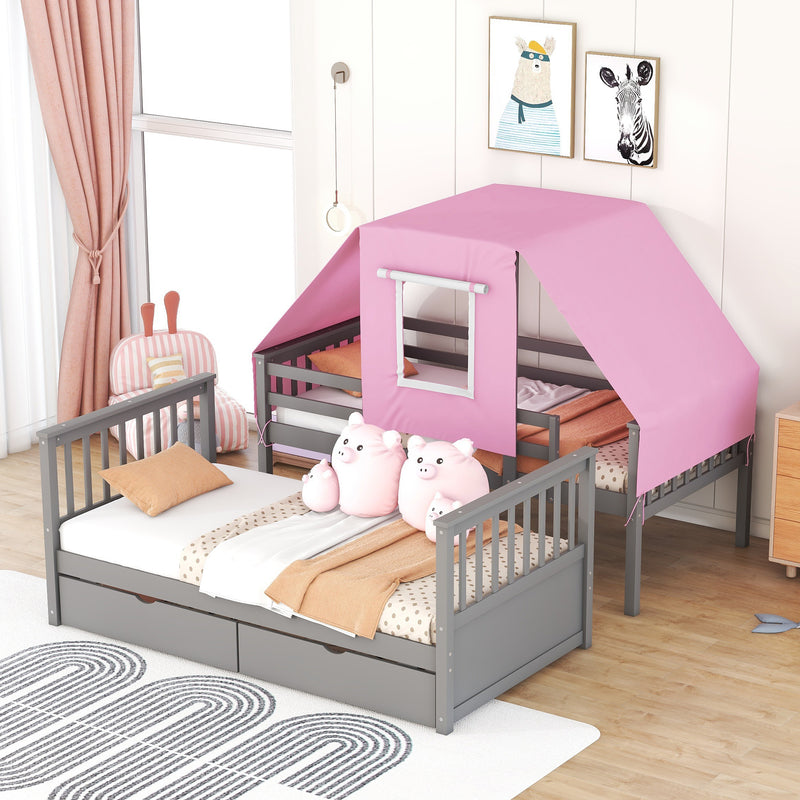 Twin Over Twin Bunk Bed Wood Bed with Tent and Drawers, Gray+Pink Tent