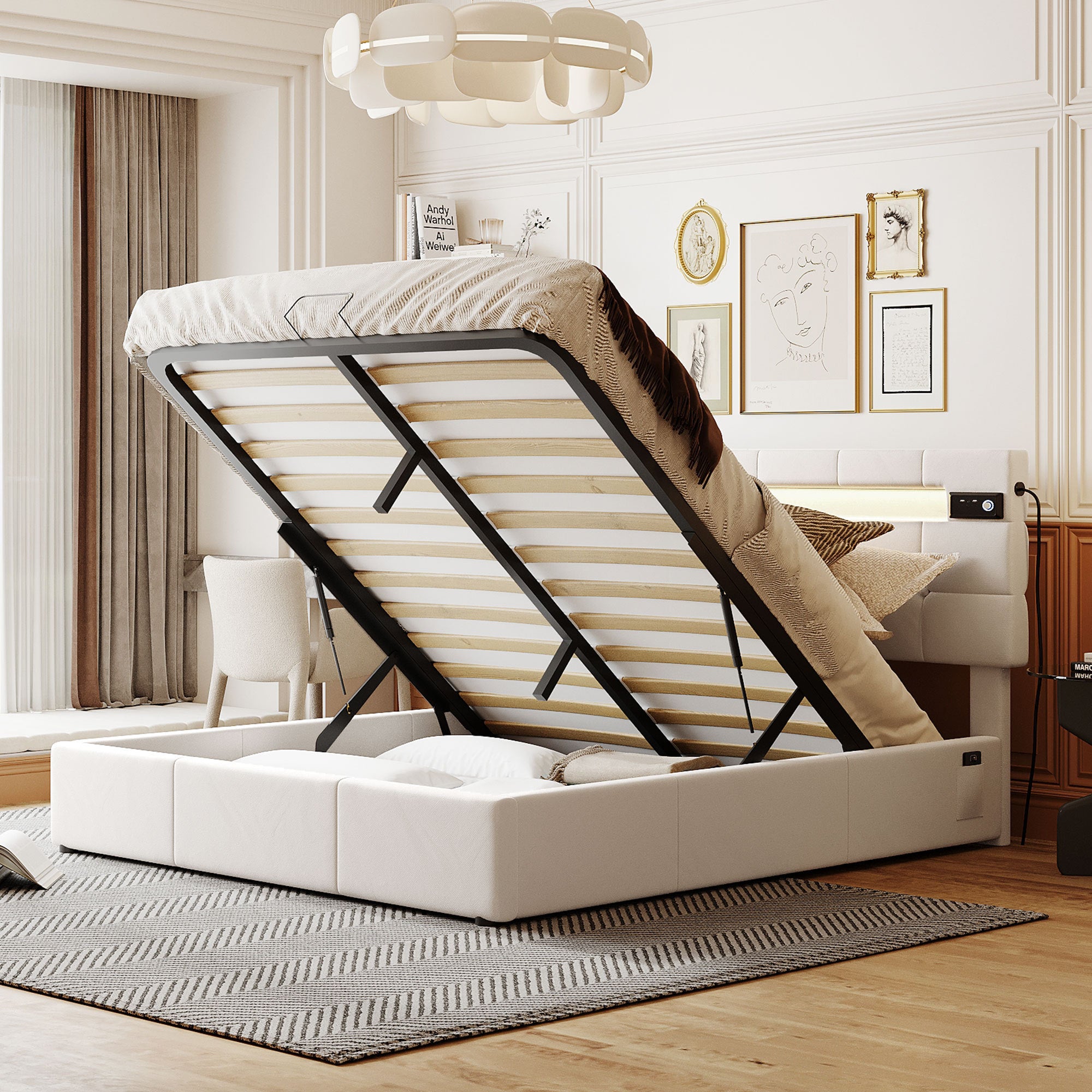 Queen Size Upholstered Bed with LED Light and Integrated Bluetooth Audio System, Modern Platform Bed with Hydraulic Storage System and USB Port, Velvet , Beige - Atlantic Fine Furniture Melbourne FL