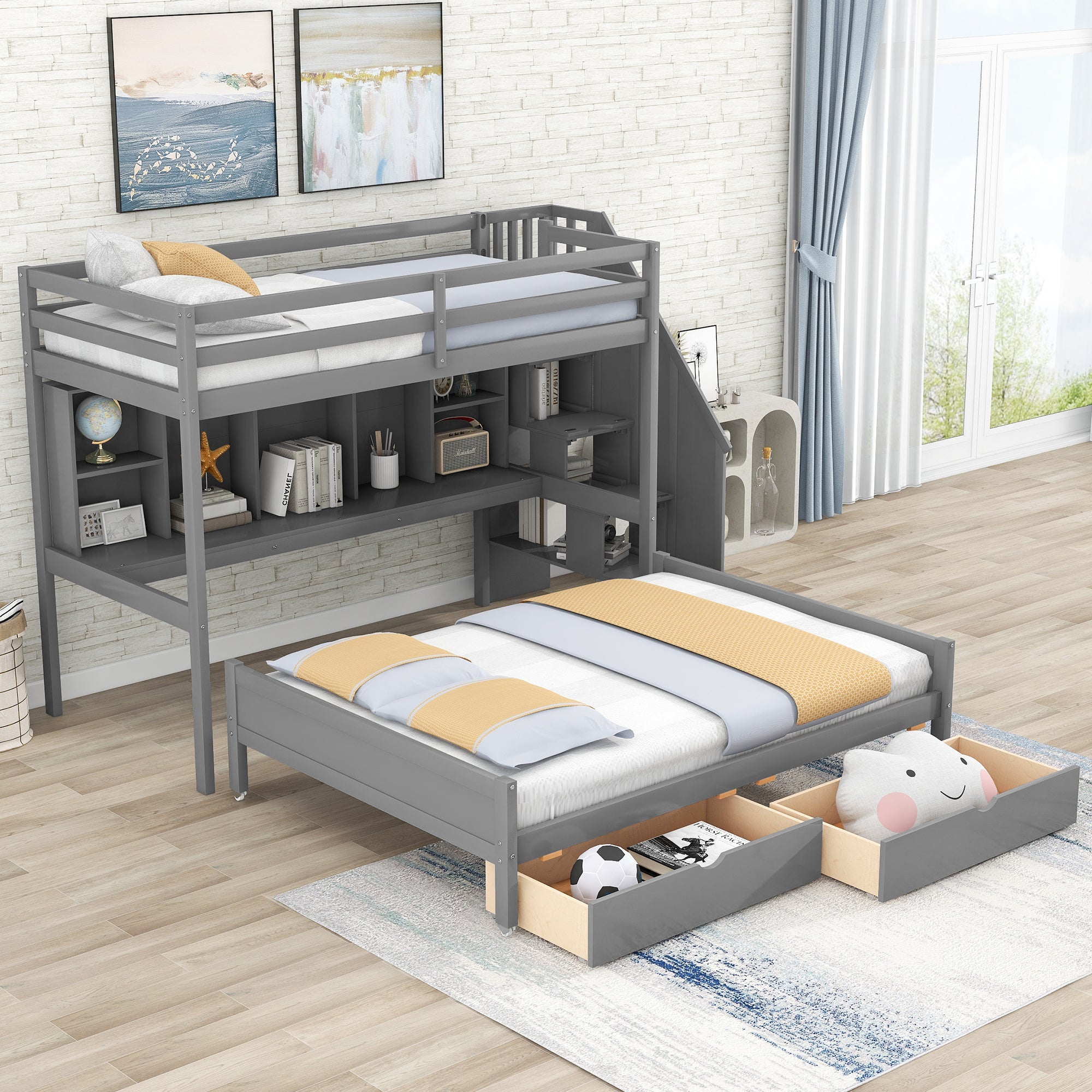 Twin XL over Full Bunk Bed with Built-in Storage Shelves, Drawers and Staircase,Gray - Atlantic Fine Furniture Melbourne FL