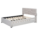 Full Size Upholstered Platform Bed with Brick Pattern Headboard and Twin Size Trundle, Linen Fabric, Beige