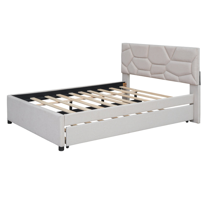 Full Size Upholstered Platform Bed with Brick Pattern Headboard and Twin Size Trundle, Linen Fabric, Beige