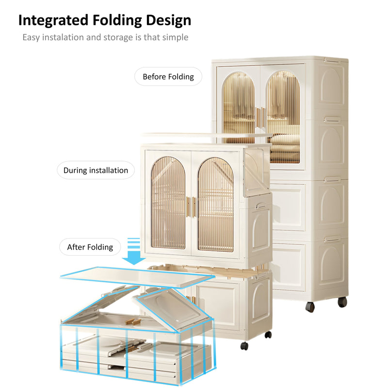 Side Wide Folding Wardrobe, With Magnetic Door, Plastic Storage Cabinet With Wheels (1 Layer Of Wardrobe + 2 Layers Of Folding Boxes + 10 Hangers) - Cream White