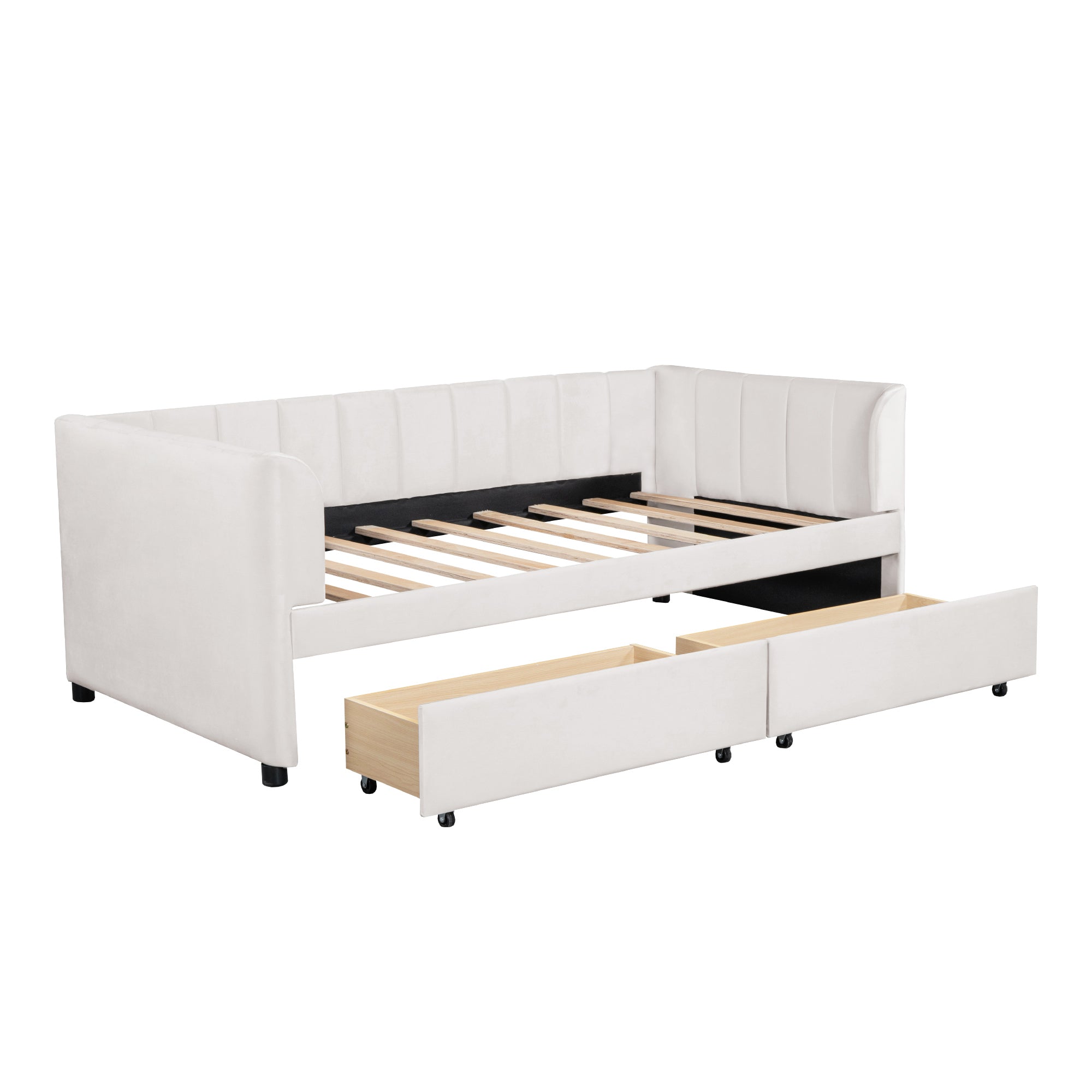 Twin Size Upholstered Daybed with Ergonomic Design Backrest and 2 Drawers, Beige - Atlantic Fine Furniture Melbourne FL