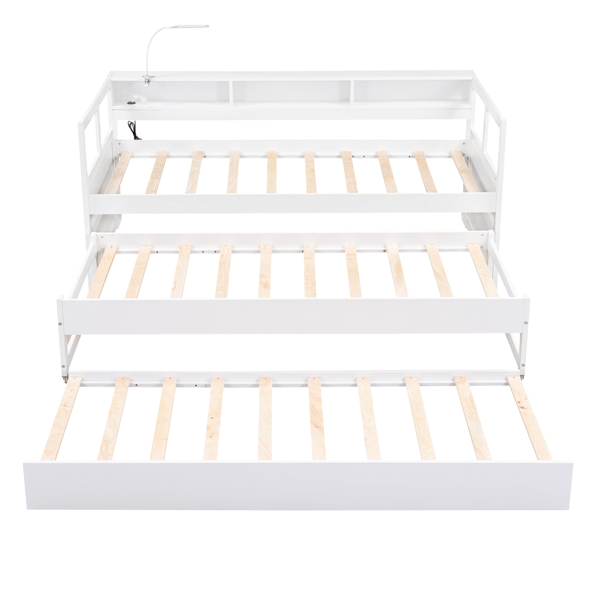 Twin XL Wood Daybed with 2 Trundles, 3 Storage Cubbies, 1 Light for Free and USB Charging Design, White - Atlantic Fine Furniture Melbourne FL