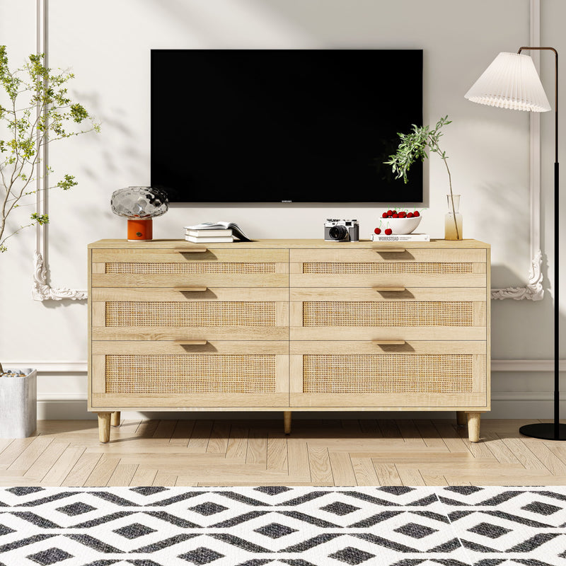Rattan Dresser With 6 Drawers, Legs & Handles, Storage Cabinet - Natural