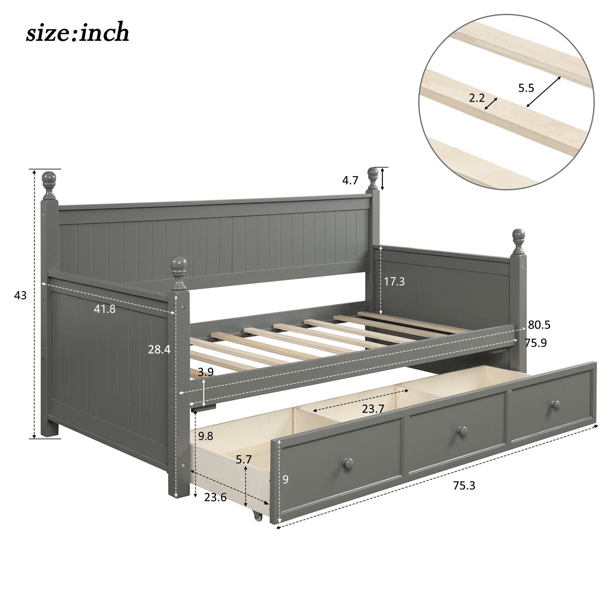 Wood Daybed with Three Drawers ,Twin Size Daybed,No Box Spring Needed ,Gray - Atlantic Fine Furniture Melbourne FL