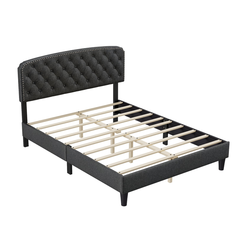 Queen size Adjustable Headboard with Fine Linen Upholstery and Button Tufting for Bedroom,  Wave Top  Dark Grey