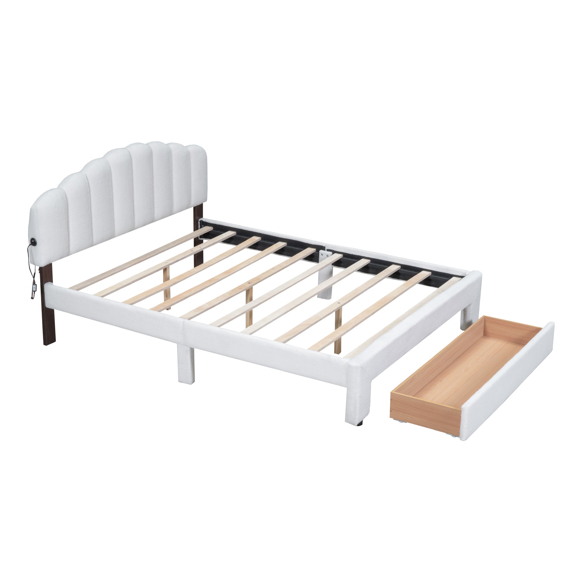 Teddy Fleece Queen Size Upholstered Platform Bed with Drawer, White - Atlantic Fine Furniture Melbourne FL