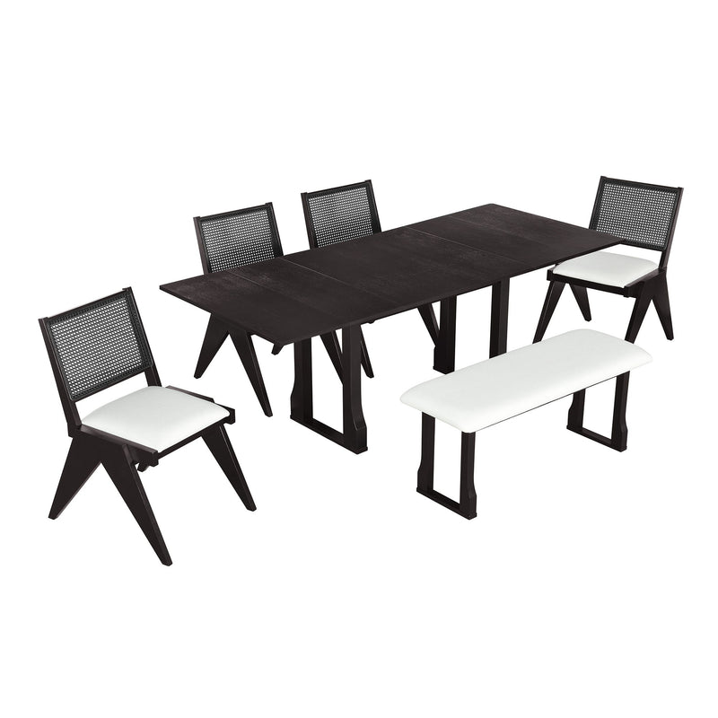 6 Piece Extendable Dining Table Set With 4 Wicker Back Upholstered Dining Chairs And Long Bench, 2 Removable Leaf