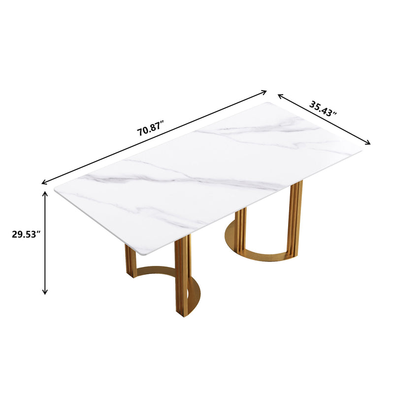 70.87" Modern Artificial Stone White Straight Edge Golden Metal Leg Dining Table, Can Accommodate 6-8 People - White / Gold