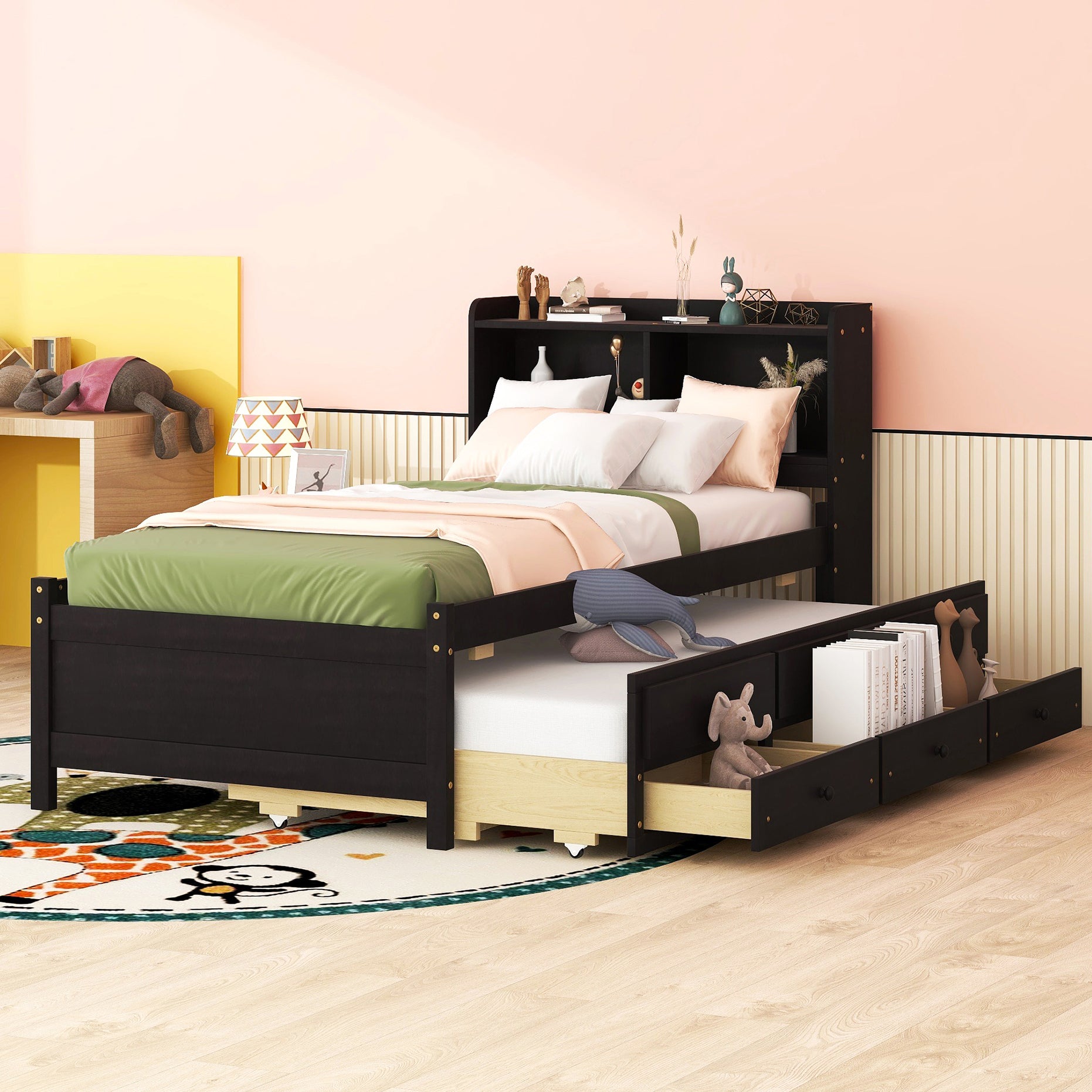 Twin Size Bed with  built-in USB ,Type-C Ports, LED light, Bookcase Headboard, Trundle and 3 Storage Drawers, Twin Size Bed with  Bookcase Headboard, Trundle and Storage drawers ,Espresso - Atlantic Fine Furniture Melbourne FL