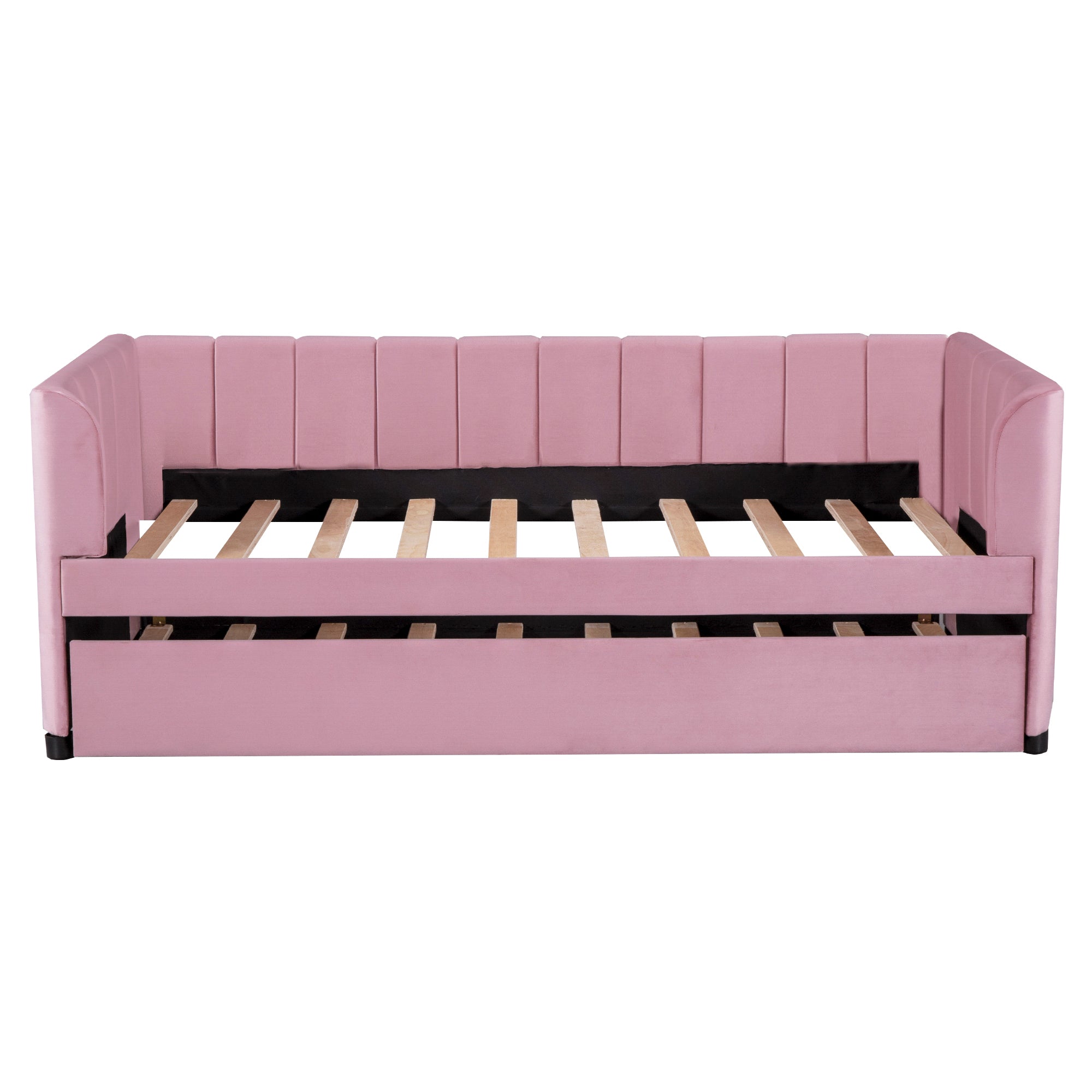 Twin Size Upholstered Daybed with Ergonomic Design Backrest and Trundle, Pink - Atlantic Fine Furniture Melbourne FL