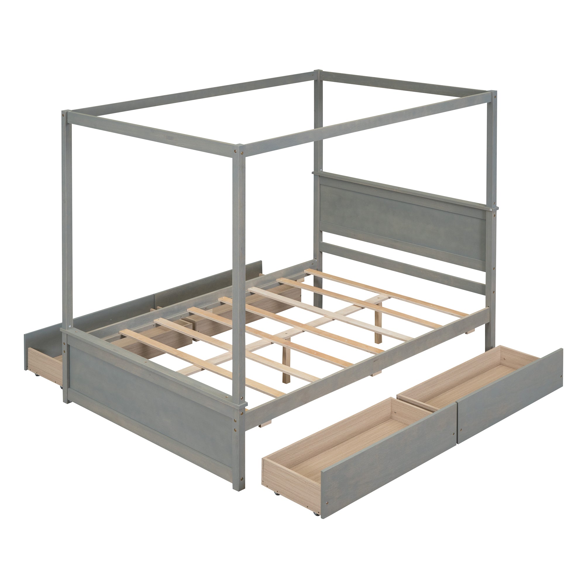 Wood Canopy Bed with four Drawers ,Full Size Canopy Platform Bed With Support Slats .No Box Spring Needed, Brushed Gray - Atlantic Fine Furniture Melbourne FL
