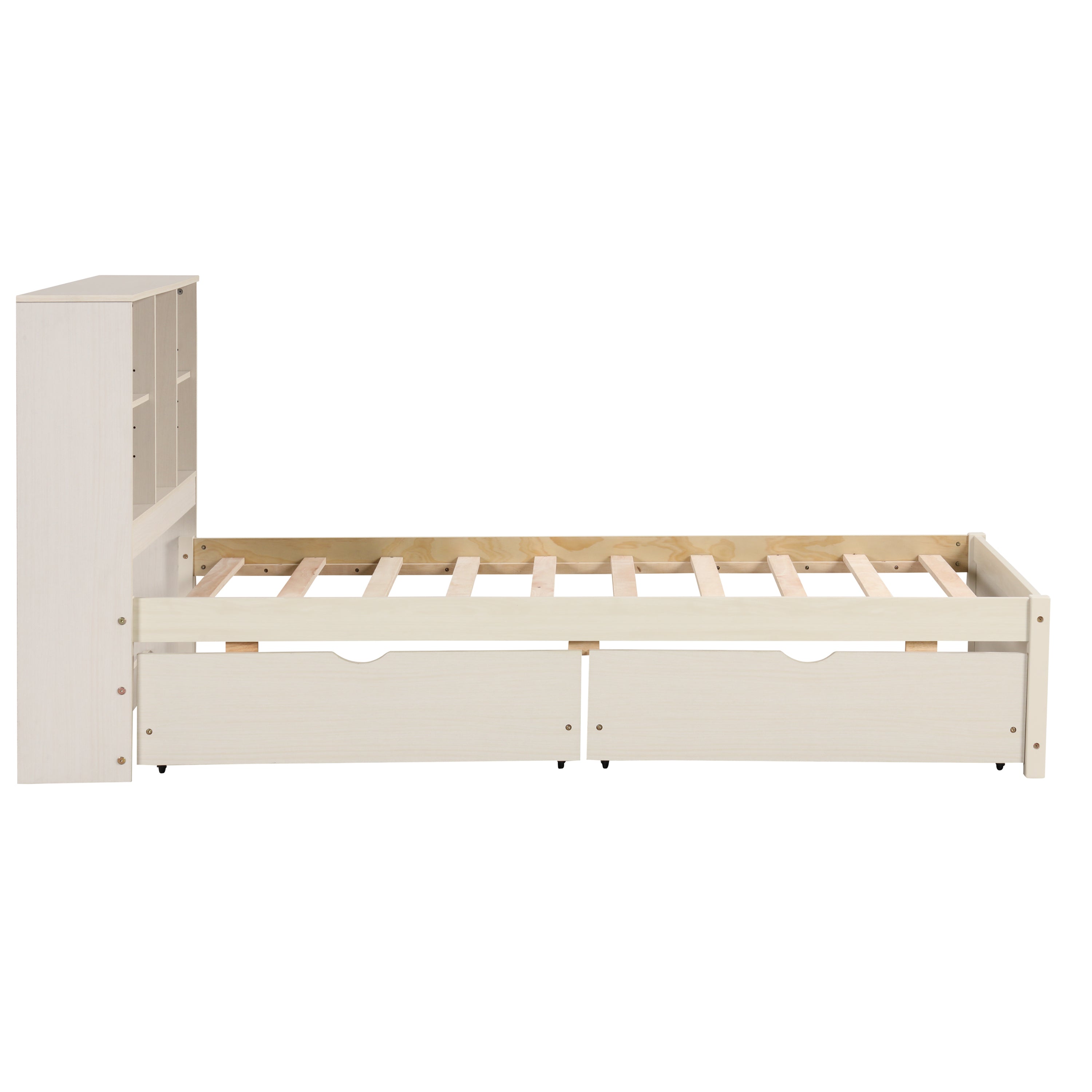 Modern Twin Size Bed Frame With Built-in USB Port on Bookcase Headboard and 2 Drawers for White Washed Color - Atlantic Fine Furniture Melbourne FL
