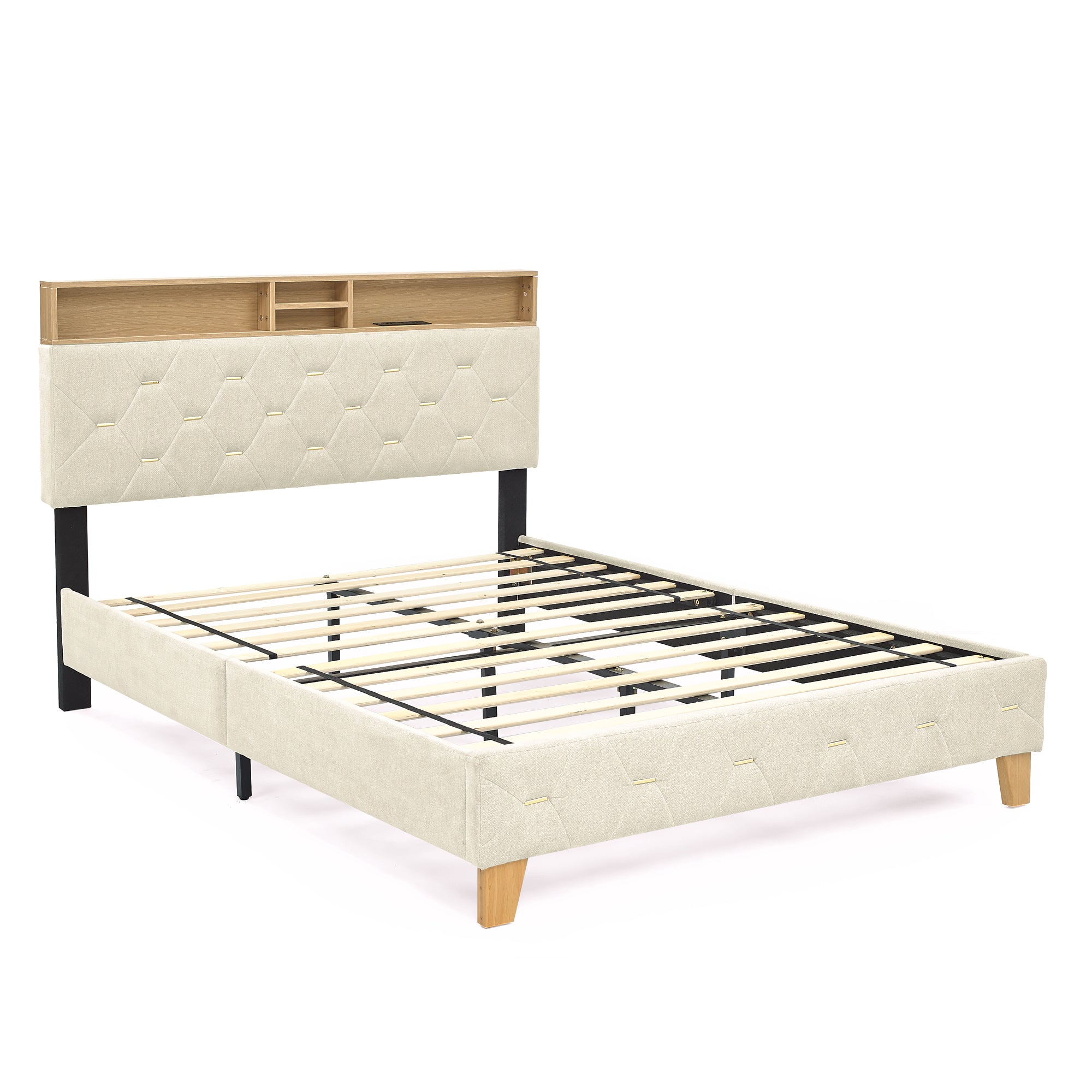 Full Size Bed Frame, Shelf Upholstered Headboard, Platform Bed with Outlet & USB Ports, Wood Legs, No Box Spring Needed, Easy Assembly, Beige - Atlantic Fine Furniture Melbourne FL