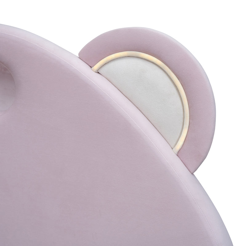 Full Size Upholstered Platform Bed with Bear-Shaped Headboard and Embedded Light Stripe, Velvet, Pink