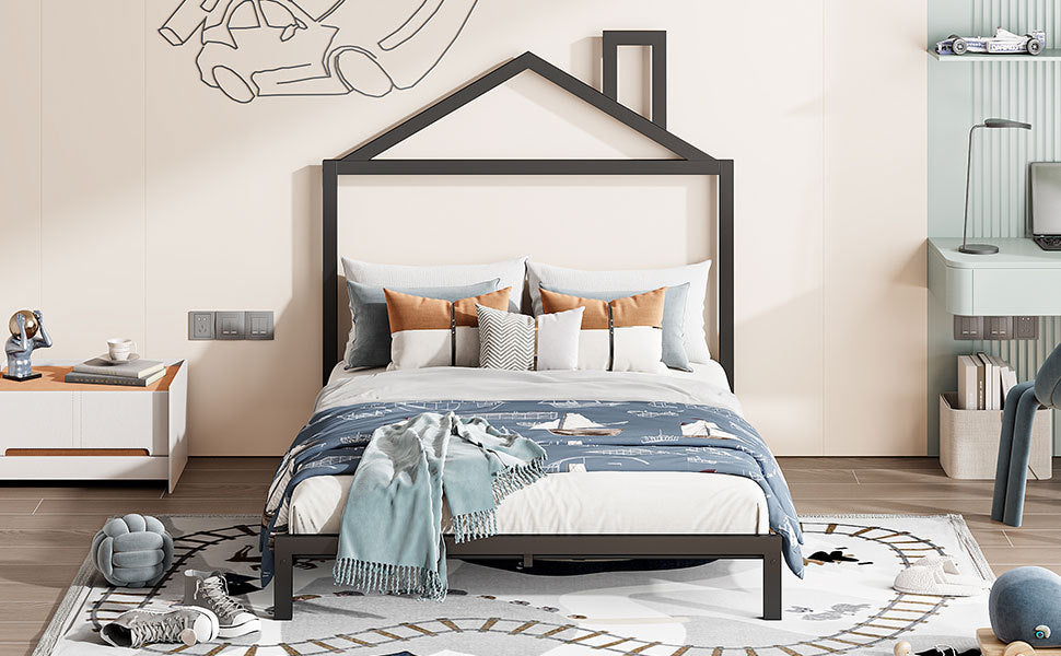 Full Size Metal Platform Bed with House-Shaped Headboard Design, Black - Atlantic Fine Furniture Melbourne FL