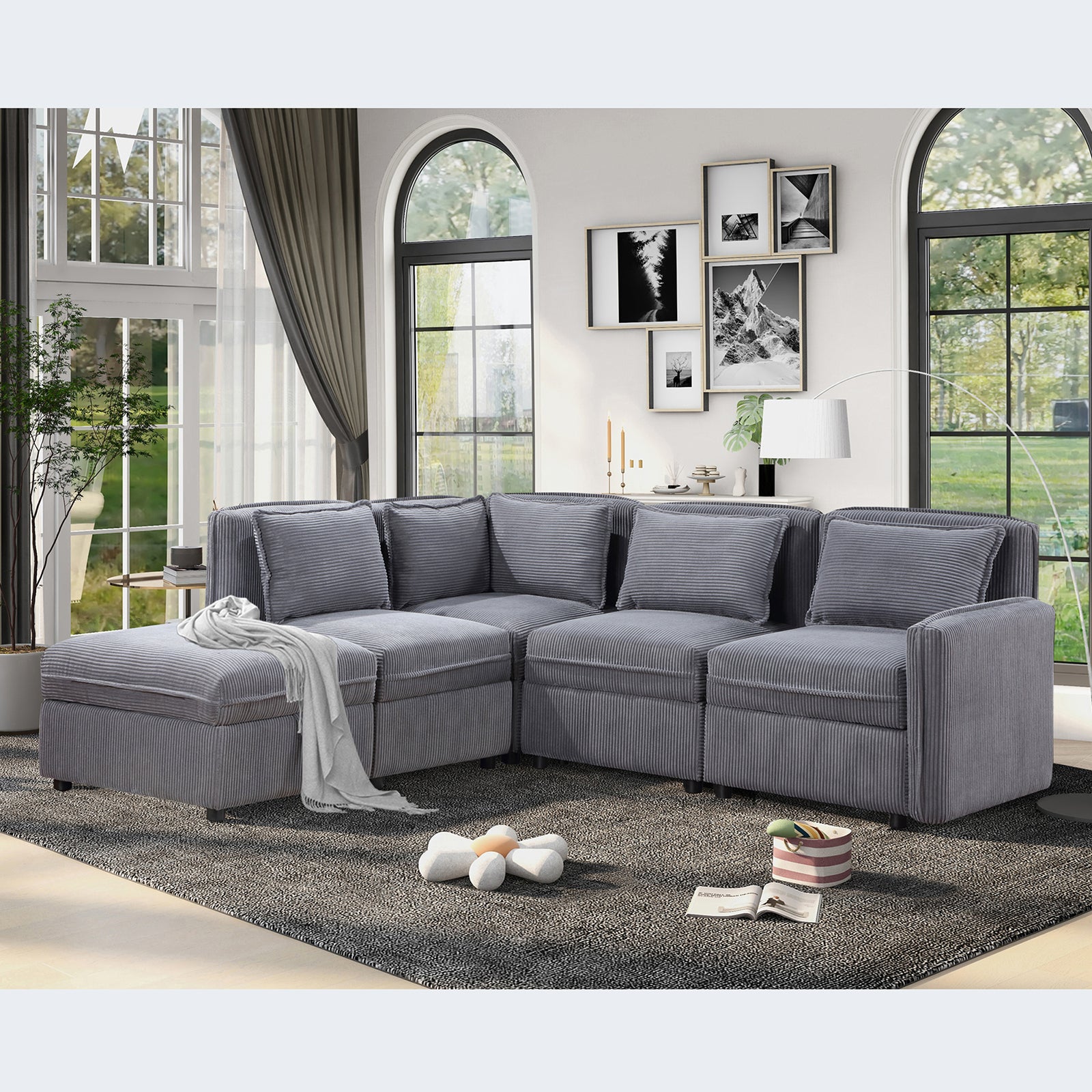 Modular Corduroy Sectional Sofa, Convertible L Shaped Couch Sofa with Storage,  5 Seat Sofa Couch for Living Room, Dark Gray