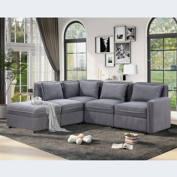 Modular Corduroy Sectional Sofa, Convertible L Shaped Couch Sofa with Storage,  5 Seat Sofa Couch for Living Room, Dark Gray