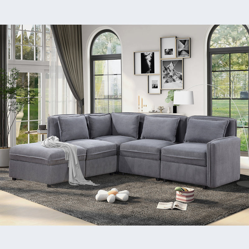 Modular Corduroy Sectional Sofa, Convertible L Shaped Couch Sofa with Storage,  5 Seat Sofa Couch for Living Room, Dark Gray