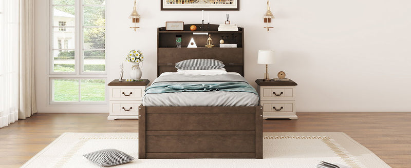 Wooden LED Platform Bed With Trundle, With Storage Headboard, With Drawers