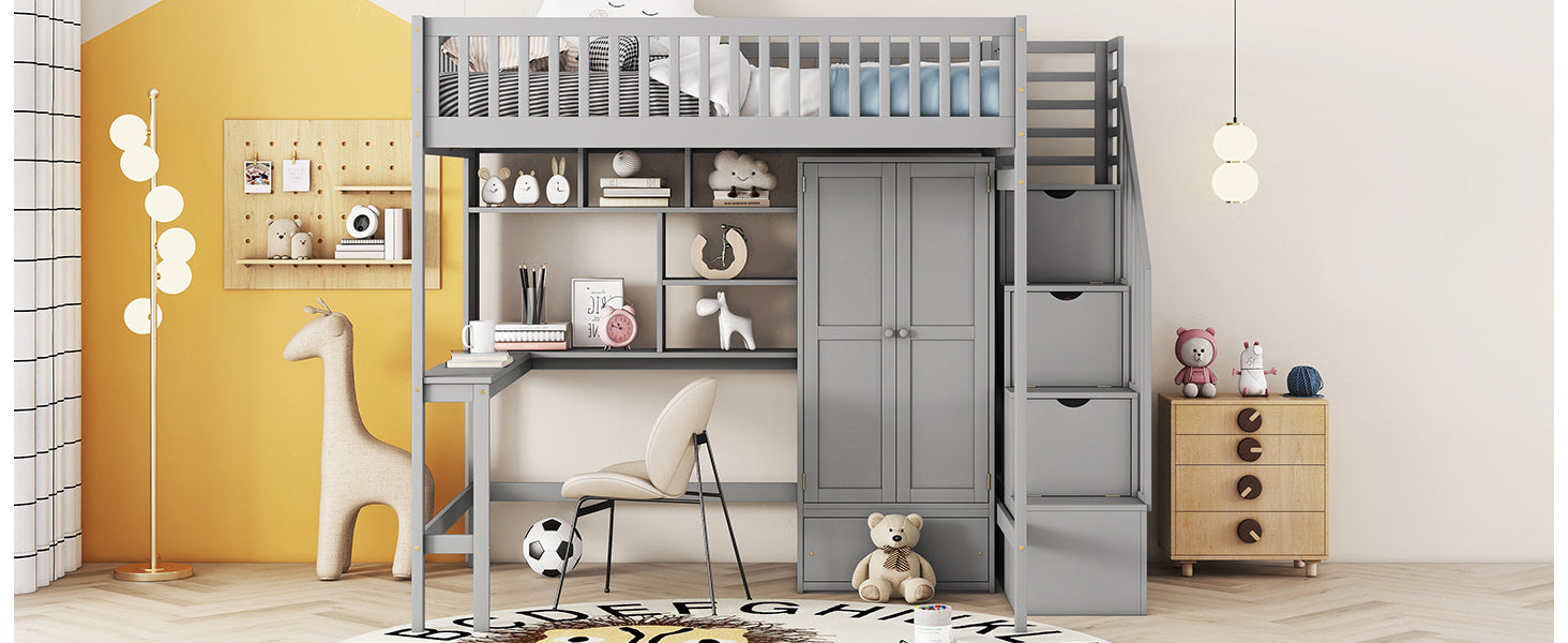 Full size Loft Bed with Bookshelf,Drawers,Desk,and Wardrobe-Gray - Atlantic Fine Furniture Melbourne FL