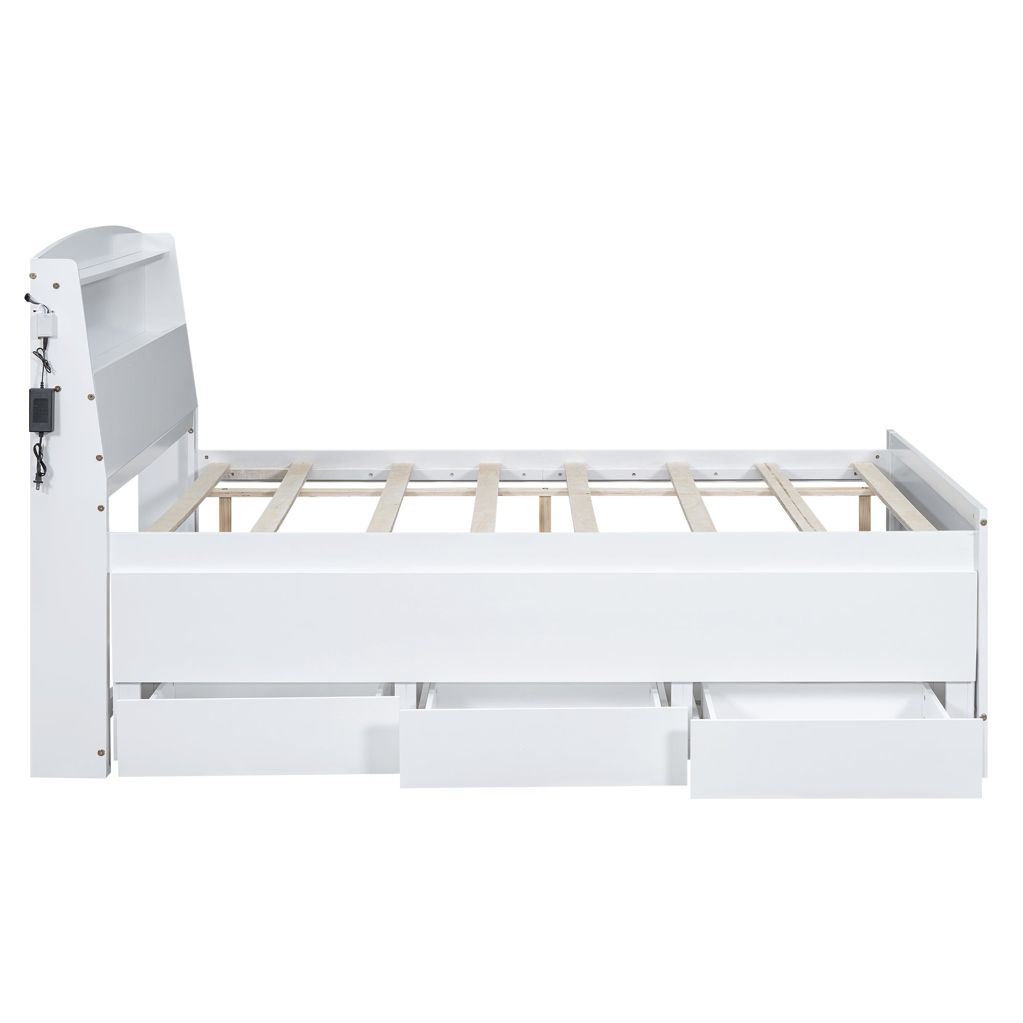 Full Size Platform Bed with Storage LED Headboard, Twin Size Trundle and 3 Drawers, White - Atlantic Fine Furniture Melbourne FL