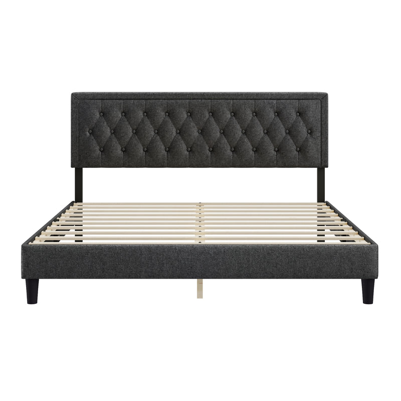 King size Panel Bed Frame with Adjustable Button-Tufted Headboard for Bedroom/Linen Upholstered/Wood Slat Support/Easy Assembly,Dark Grey