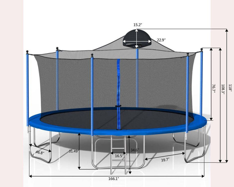 14Ft Trampoline For Adults & Kids With Basketball Hoop, Outdoor Trampolines With Ladder And Safety Enclosure Net For Kids And Adults, Double-Side Color Cover - Blue