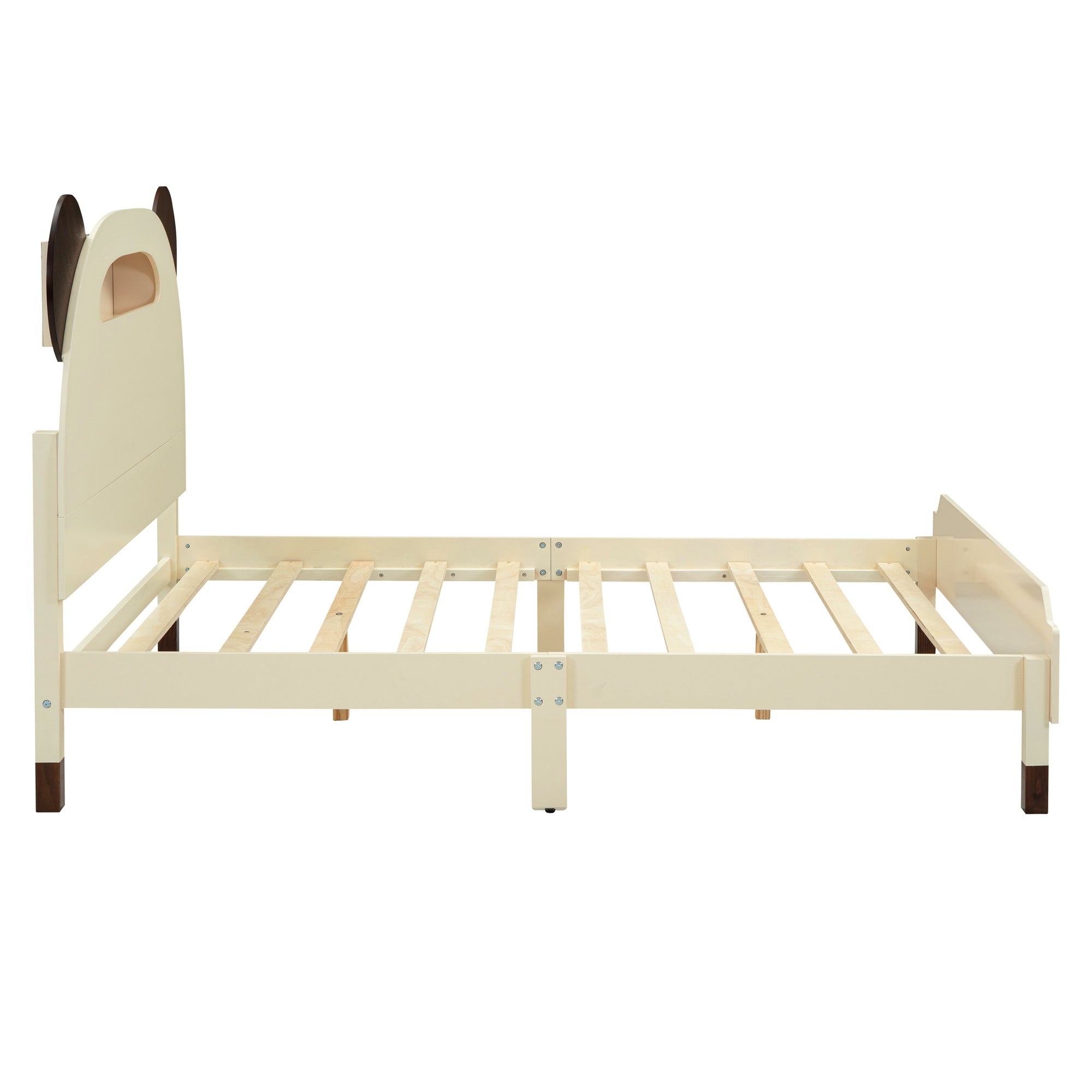 Full Size Wood Platform Bed with Bear-shaped Headboard,Bed with Motion Activated Night Lights,Cream+Walnut - Atlantic Fine Furniture Melbourne FL