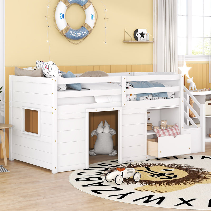 TWIN BED, SOLID WOOD TWIN SIZE LOW LOFT BED WITH STAIR, DRAWER, AND SHELF OF WHITE COLOR