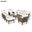 9 Piece Patio Rattan Furniture Set, Outdoor Conversation Set With Acacia Wood Legs And Tabletop, PE Rattan Sectional Sofa Set With Coffee Table, Washable Cushion