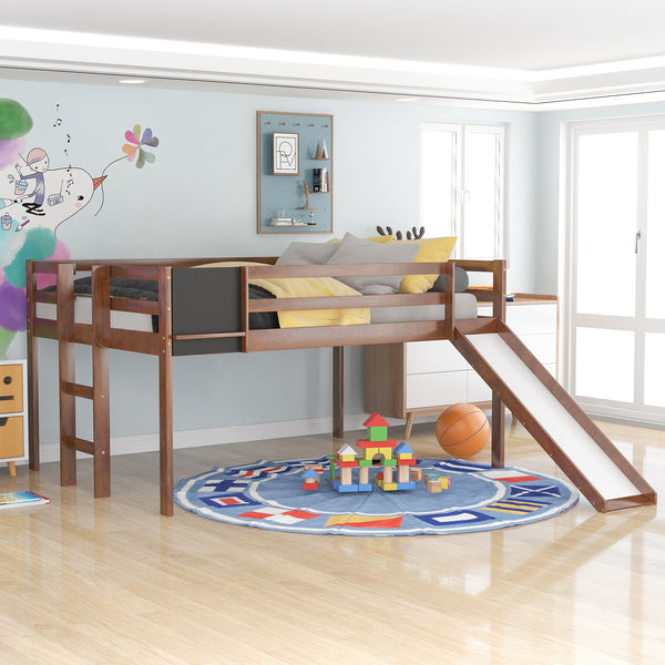 Full size Loft Bed Wood Bed with Slide, Stair and Chalkboard,Walnut（Old SKU:WF282116AAL）