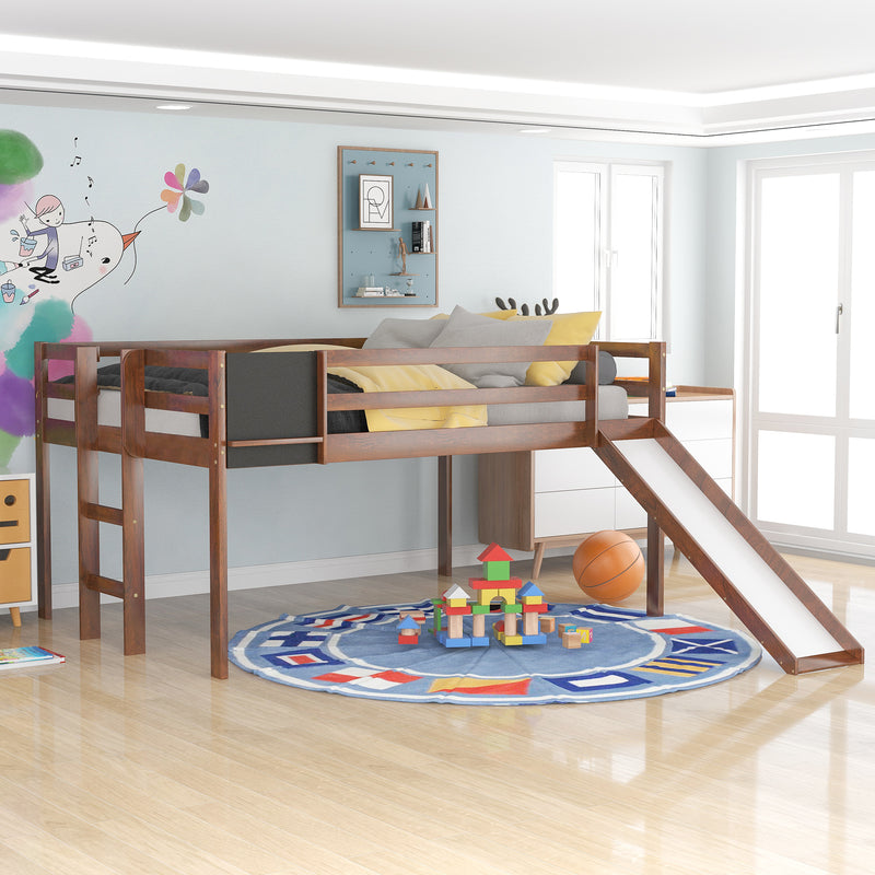 Full size Loft Bed Wood Bed with Slide, Stair and Chalkboard,Walnut（Old SKU:WF282116AAL）