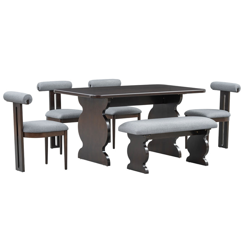 Mid-Century Modern Table Set For 6 Persons With 4 Chairs And Bench, Padded Seats And Backrest