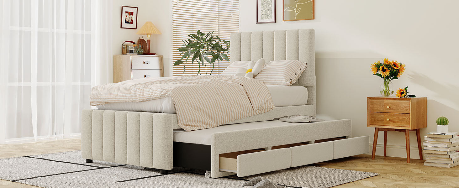 Twin Size Upholstered Platform Bed with Trundle and 3 Drawers, Linen Fabric, Beige - Atlantic Fine Furniture Melbourne FL