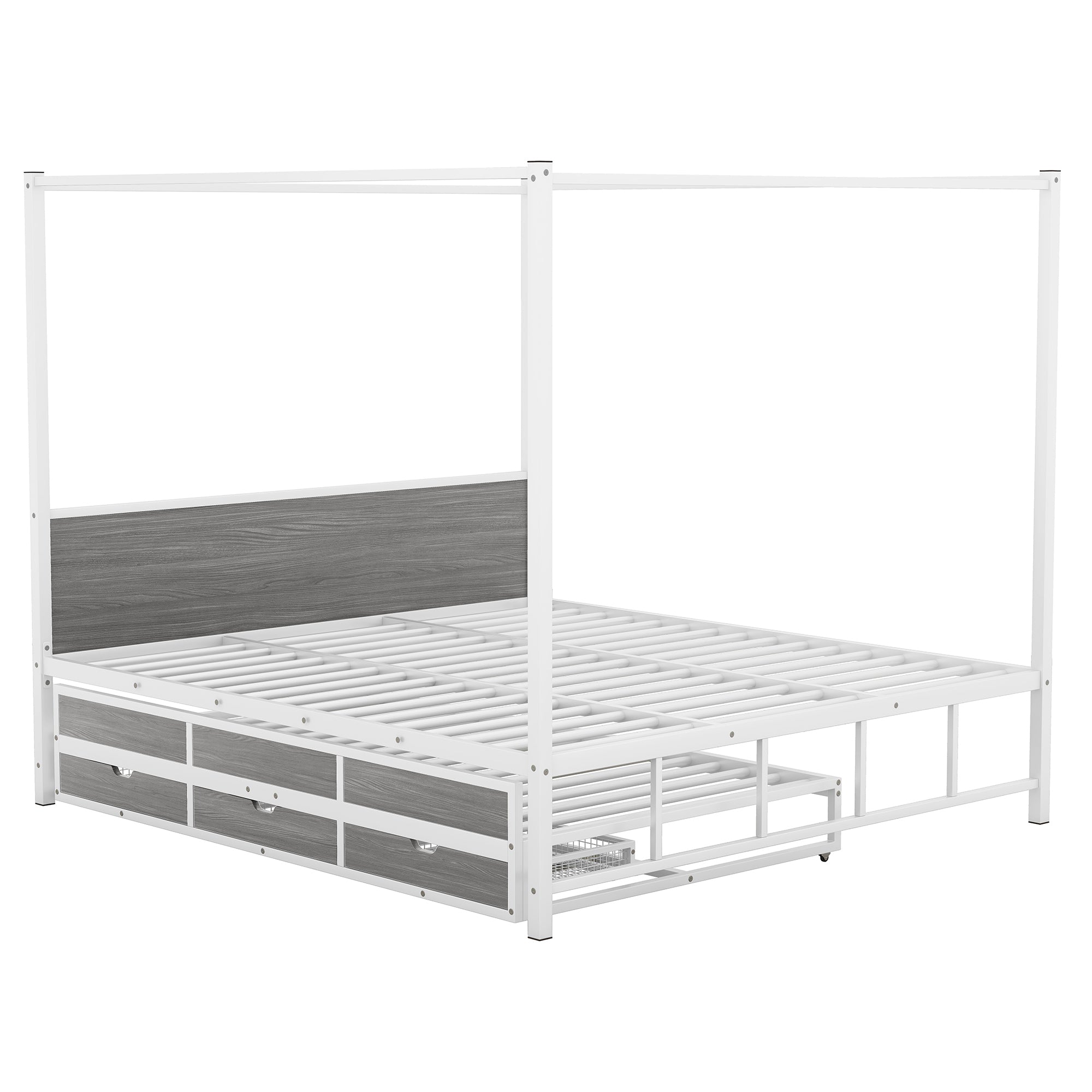 Queen Size Metal Canopy Platform Bed with Twin Size Trundle and 3 Storage Drawers, White - Atlantic Fine Furniture Melbourne FL