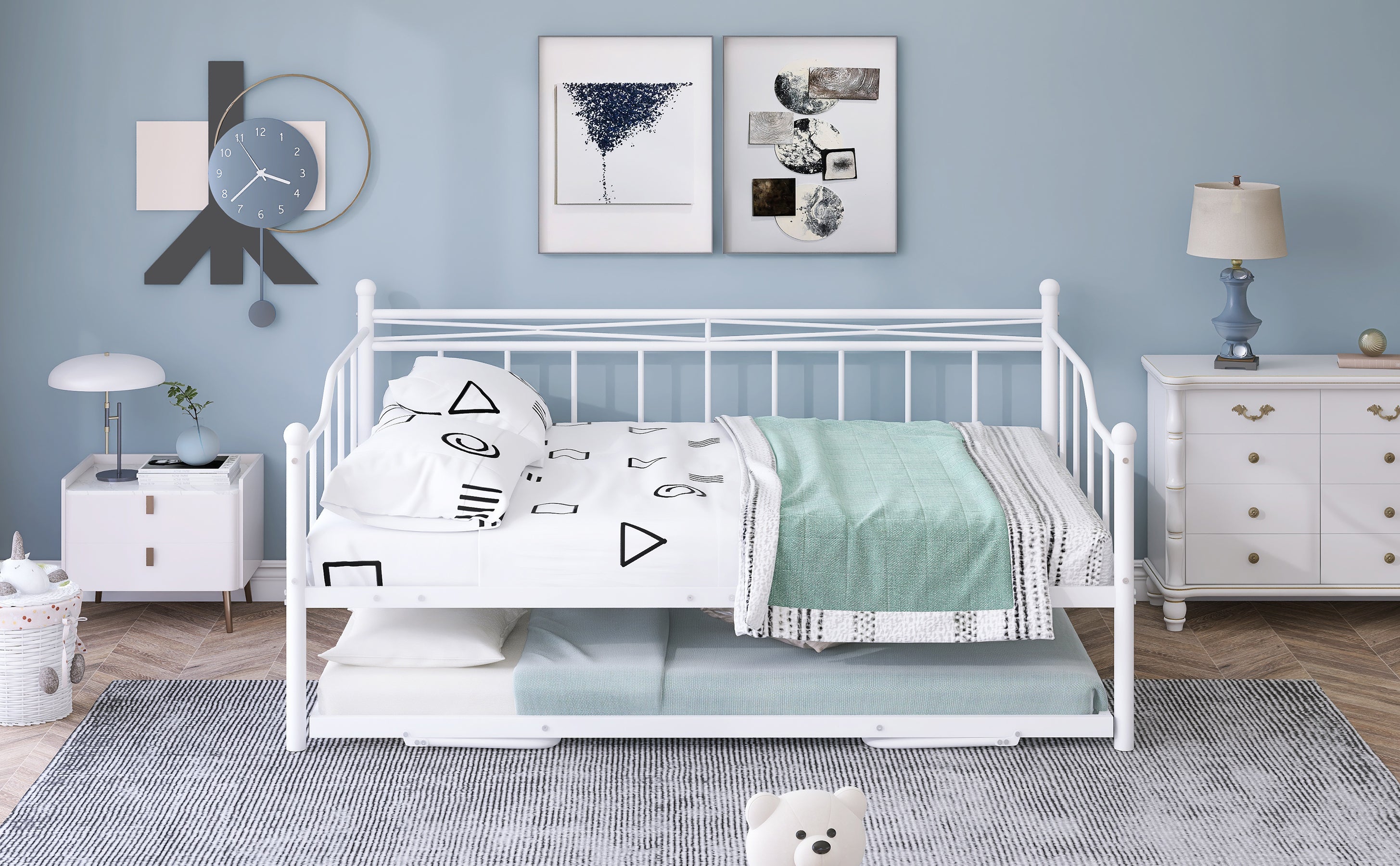 Full Size Metal Daybed with Twin Size Adjustable Trundle, Portable Folding Trundle, White(OLD SKU:MF293736AAK)