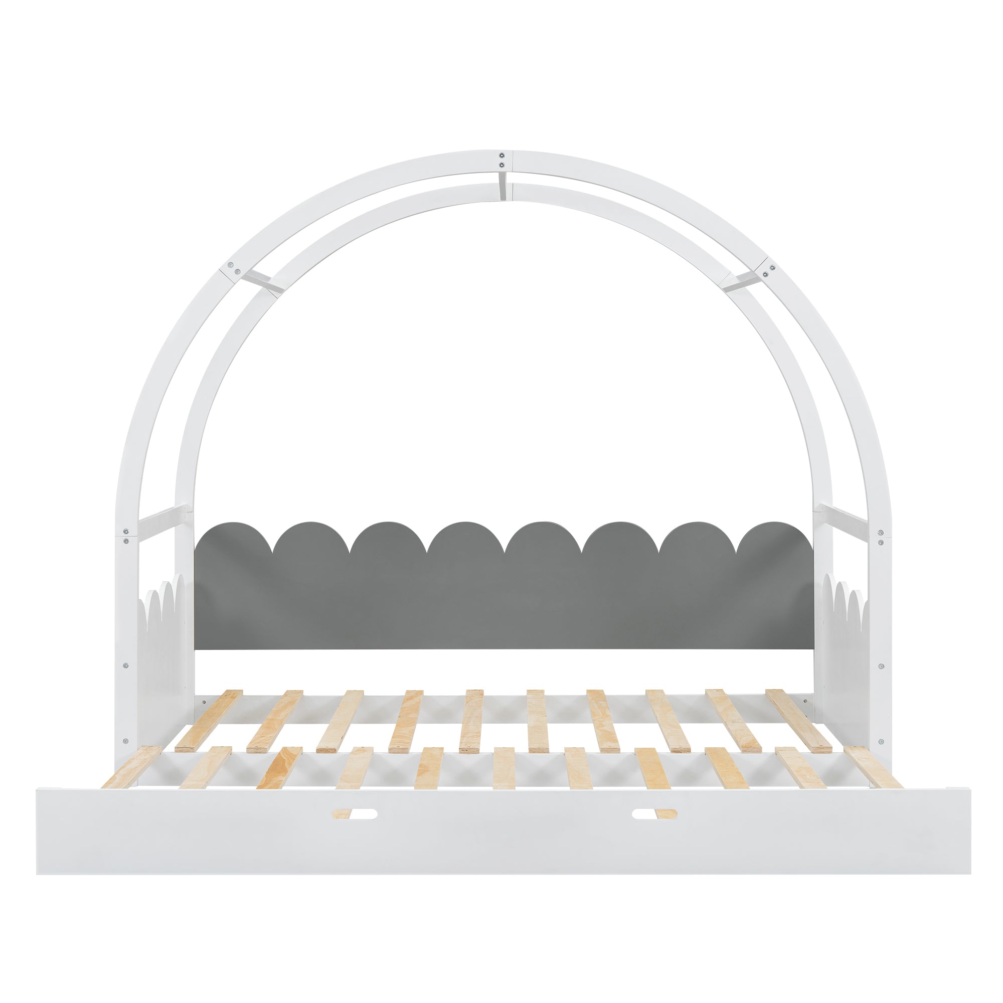 Twin size stretchable vaulted roof bed, children's bed pine wood frame, white+gray