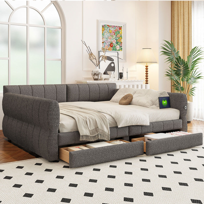 Upholstered Platform Bed With USB And 2 Drawers