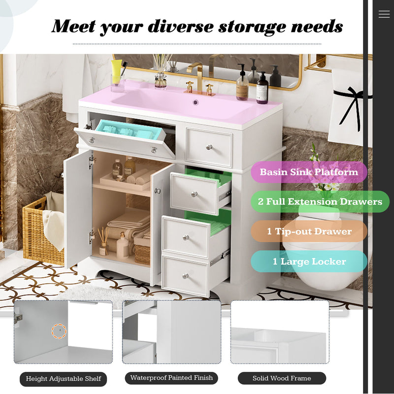 Bathroom Vanity With Resin Sink Combo, Frame Bathroom Storage Cabinet, Freestanding Vanity Set With 3 Drawers & Adjustable Shelf - White